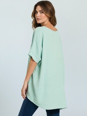 Zenana V-Neck Woven Dolman Sleeve Top in Sea Angel